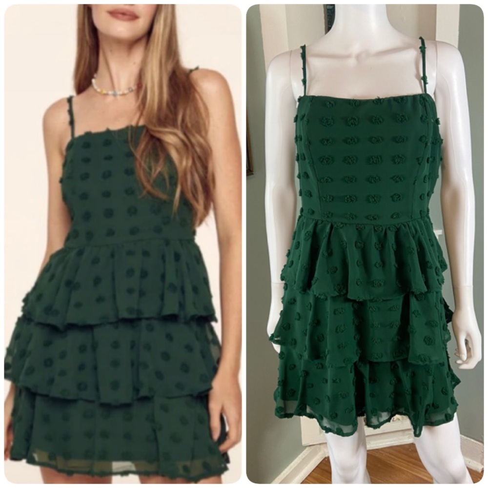 3/$12 Trixxi Dark Green Tiered Mini Dress Textured Polka Dot Large Chiffon Sheer